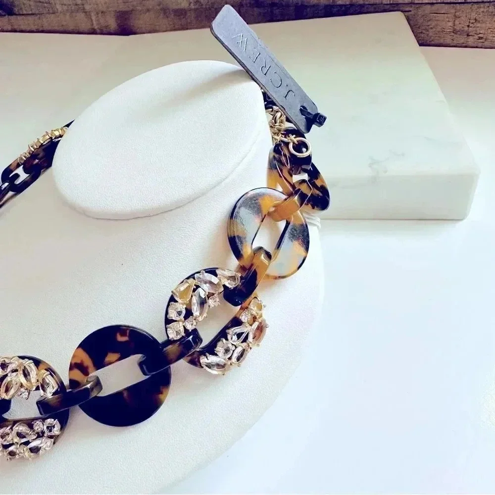 NWT J. Crew Tortoise And Rhinestone/Crystal Link Adjustable Statement Necklace